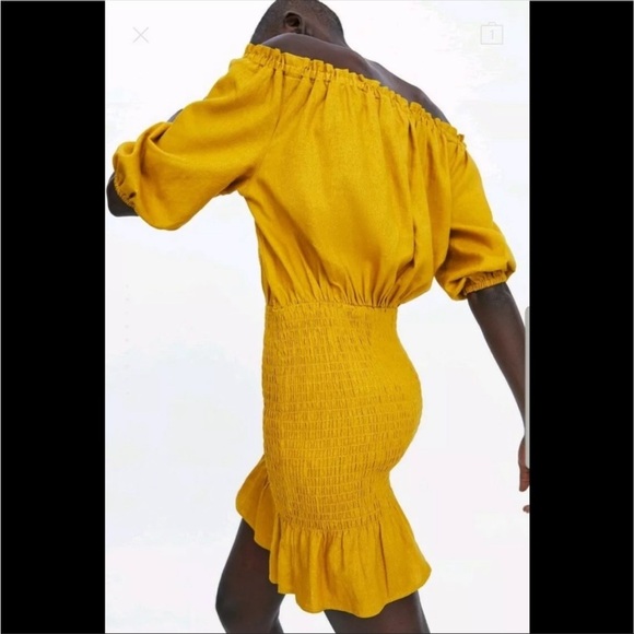 Zara smocked mustard off the shoulder dress NEW - Picture 7 of 12